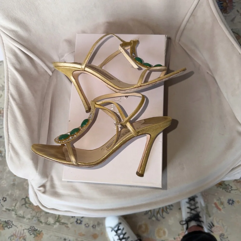 JIMMY CHOO Metallic Gold Strappy Stiletto Sandals with Green accents. Size 8.5